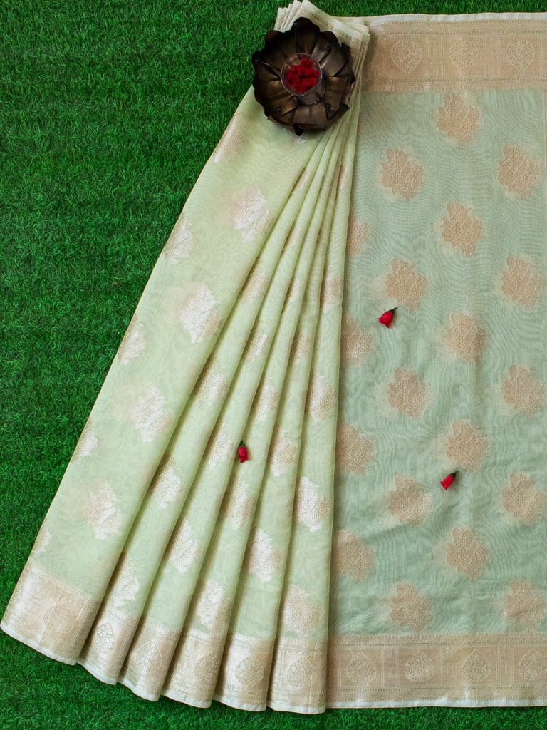 Banarasi Cotton Silk Resham Floral Weaving Saree-Green