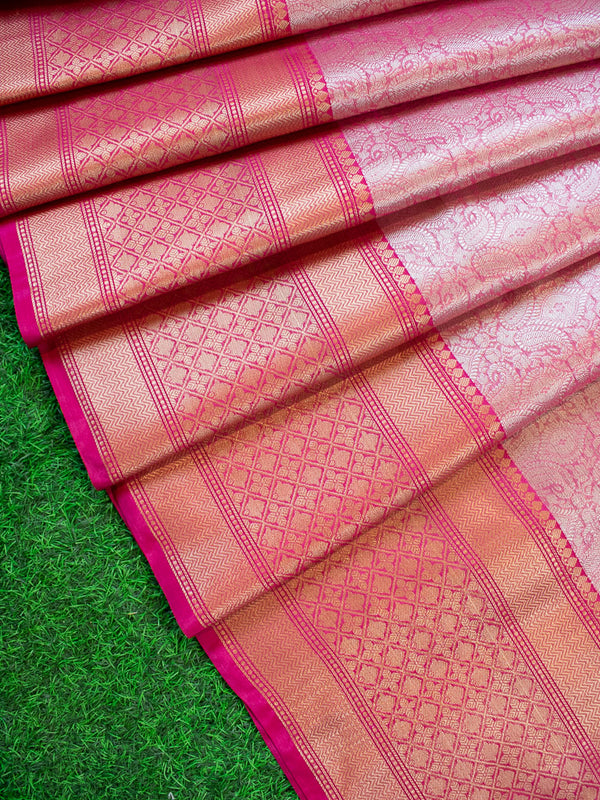 Banarasi Tissue Saree With Contrast Border-Pink
