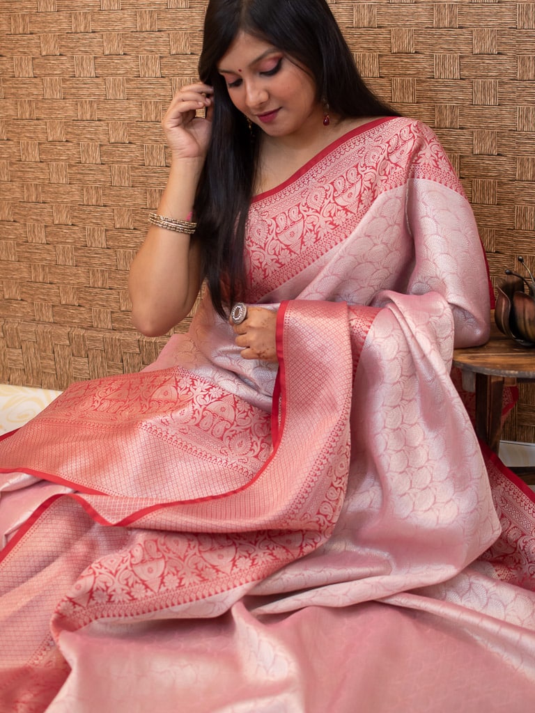 Banarasi Kora Muslin Saree With Tanchoi Weaving Contrast  Border-Pastel Pink