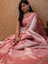 Banarasi Kora Muslin Saree With Tanchoi Weaving Contrast  Border-Pastel Pink