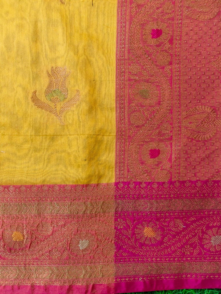 Banarasi Cotton Silk Resham & Meena Floral Weaving Saree & Contrast Border-Yellow