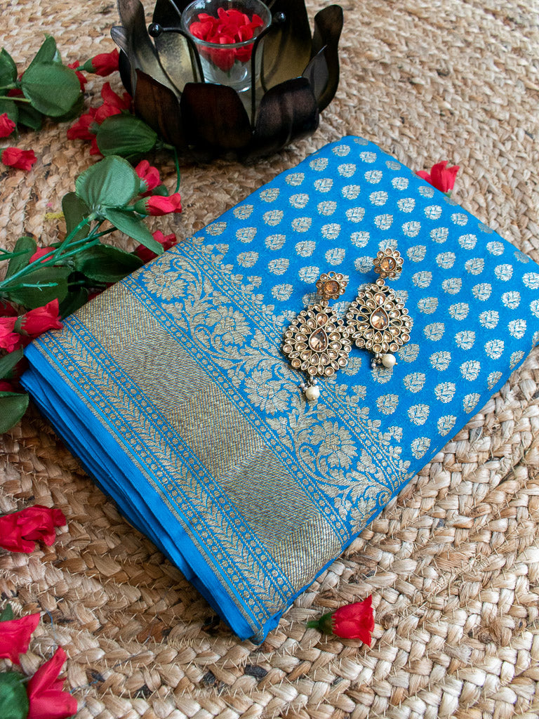 Banarasi Pure Georgette Saree With  Antique Zari Buti Weaving-Blue