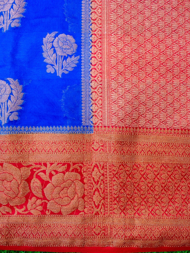 Banarasi Semi Silk Saree With Antique Zari Weaving & Contrast Border-Royal Blue &  Red