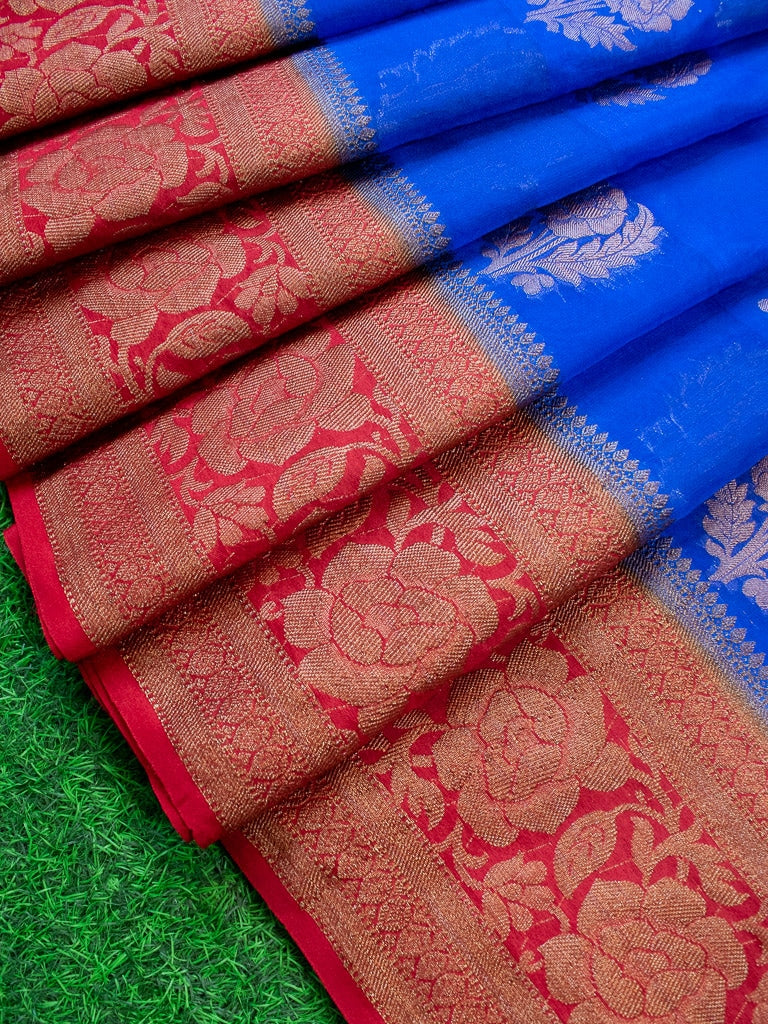 Banarasi Semi Silk Saree With Antique Zari Weaving & Contrast Border-Royal Blue &  Red