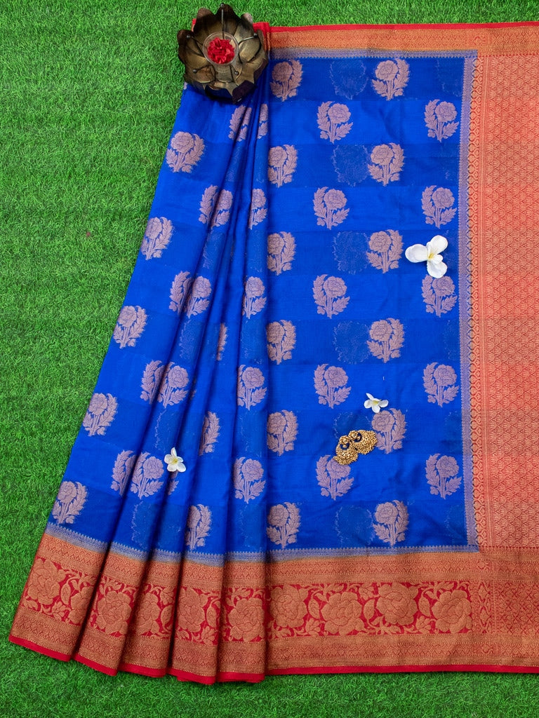 Banarasi Semi Silk Saree With Antique Zari Weaving & Contrast Border-Royal Blue &  Red