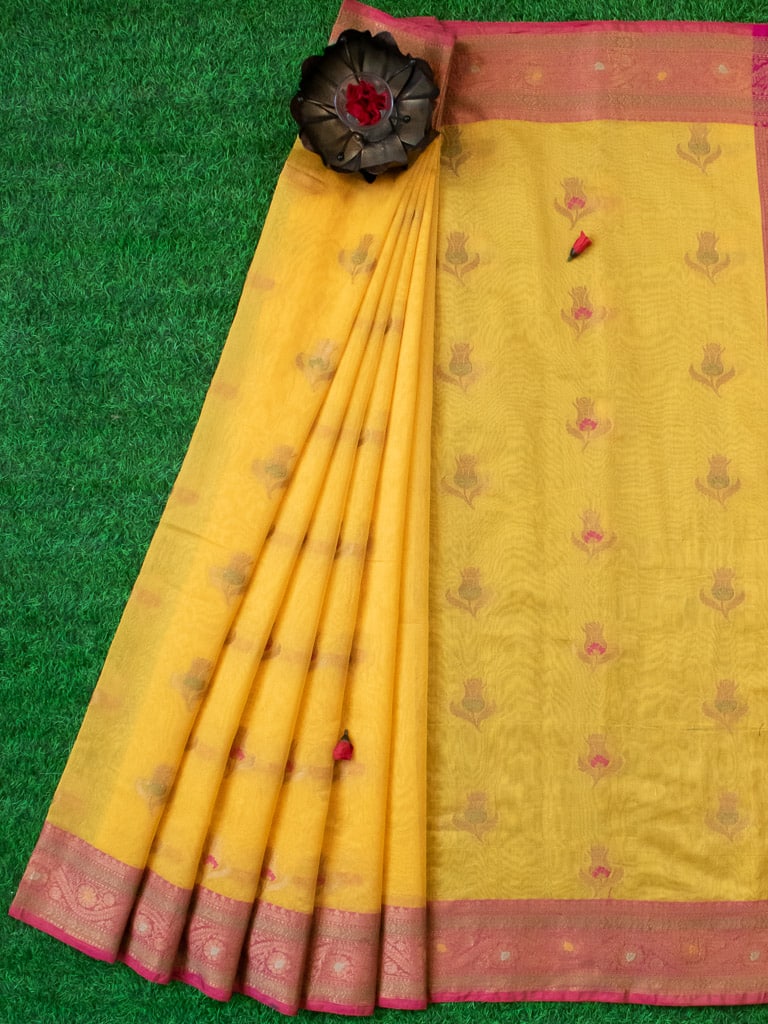 Banarasi Cotton Silk Resham & Meena Floral Weaving Saree & Contrast Border-Yellow