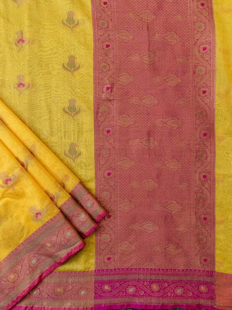 Banarasi Cotton Silk Resham & Meena Floral Weaving Saree & Contrast Border-Yellow