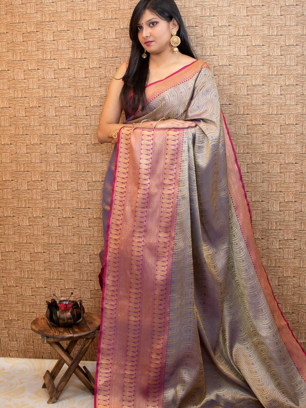 Banarasi Kora Muslin Saree With Tanchoi Weaving Contrast  Border-Metallic Grey