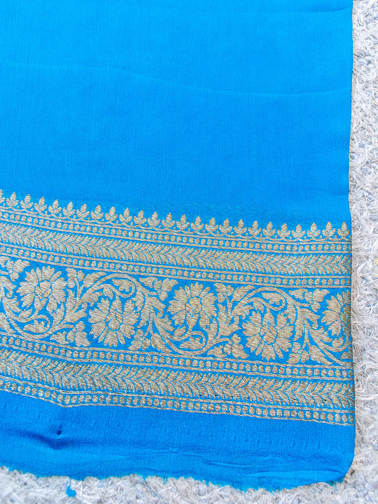 Banarasi Pure Georgette Saree With  Antique Zari Buti Weaving-Blue