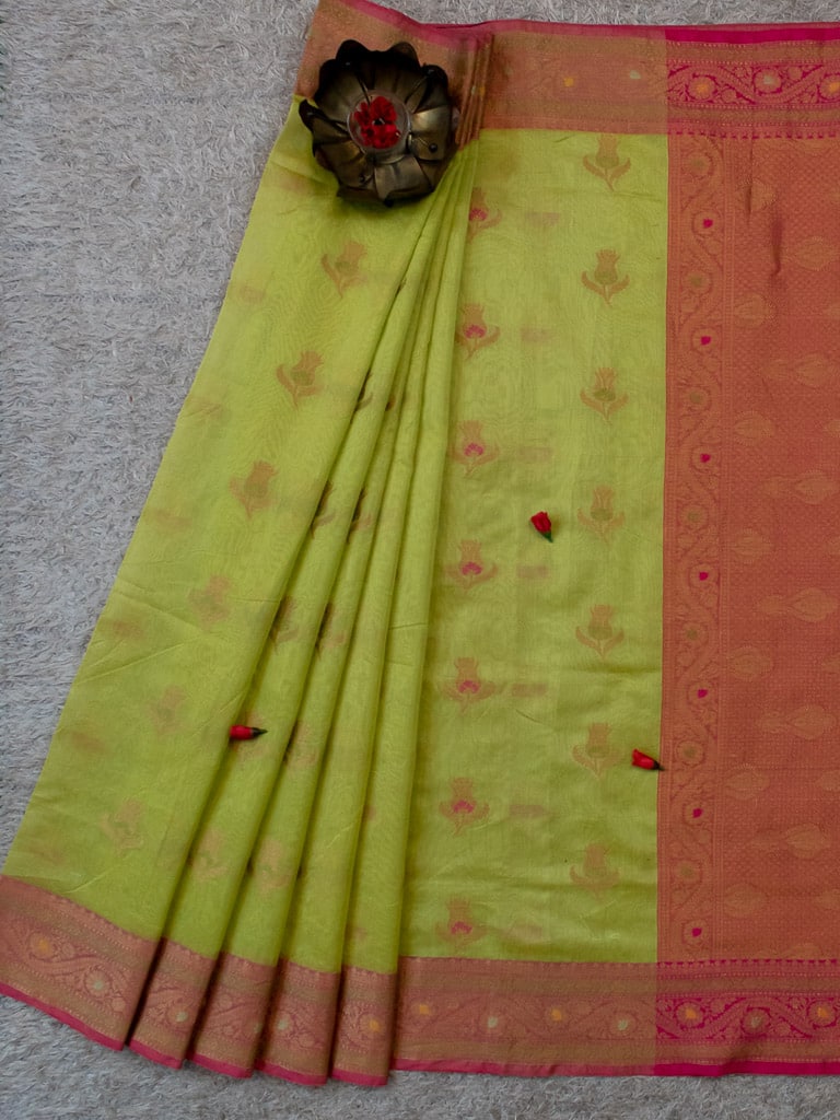 Banarasi Cotton Silk Resham & Meena Floral Weaving Saree & Contrast Border-Green