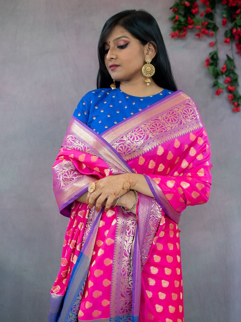 Banarasi Semi Silk Saree With Contrast Zari Buti Weaving Border-Pink