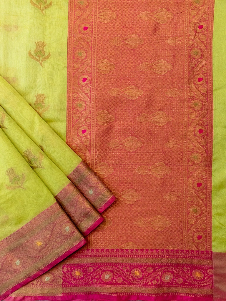 Banarasi Cotton Silk Resham & Meena Floral Weaving Saree & Contrast Border-Green