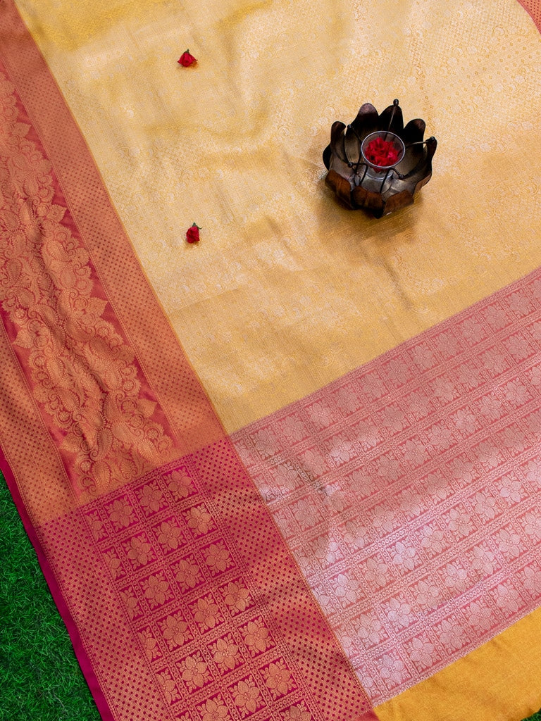 Banarasi Kora Muslin Saree With Tanchoi Weaving & Contrast Skirt Border-Yellow & Pink