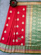 Banarasi Pure Katan Silk Saree With Contrast Border & Blouse-Red