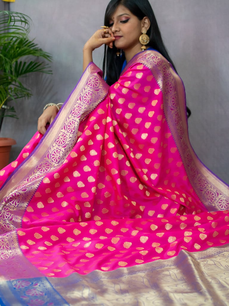Banarasi Semi Silk Saree With Contrast Zari Buti Weaving Border-Pink