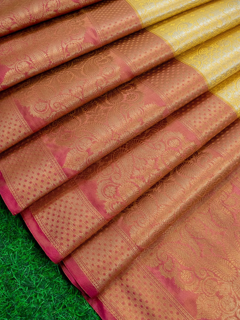 Banarasi Kora Muslin Saree With Tanchoi Weaving & Contrast Skirt Border-Yellow & Pink