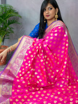 Banarasi Semi Silk Saree With Contrast Zari Buti Weaving Border-Pink