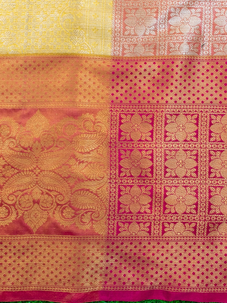 Banarasi Kora Muslin Saree With Tanchoi Weaving & Contrast Skirt Border-Yellow & Pink