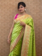 Banarasi Semi Silk Saree With Contrast Zari Buti Weaving Border-Green