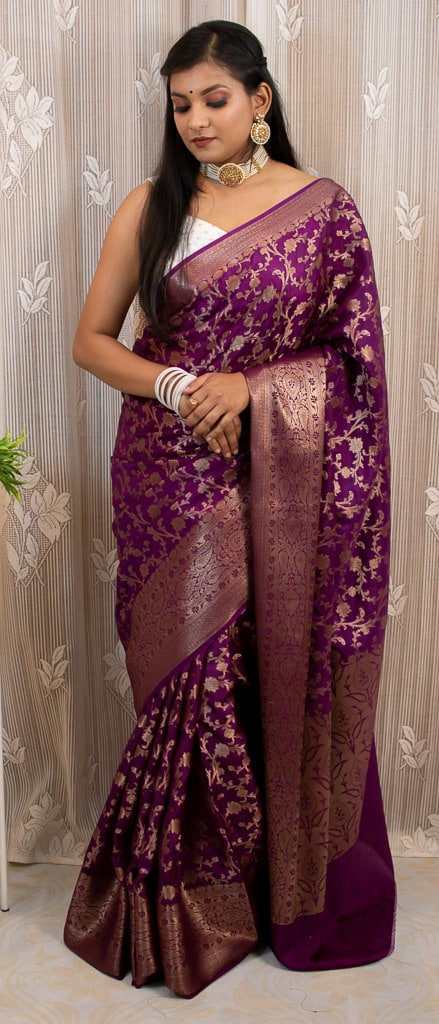 Banarasi Semi Silk Saree Antique Zari Jaal Weaving Saree-Deep Purple