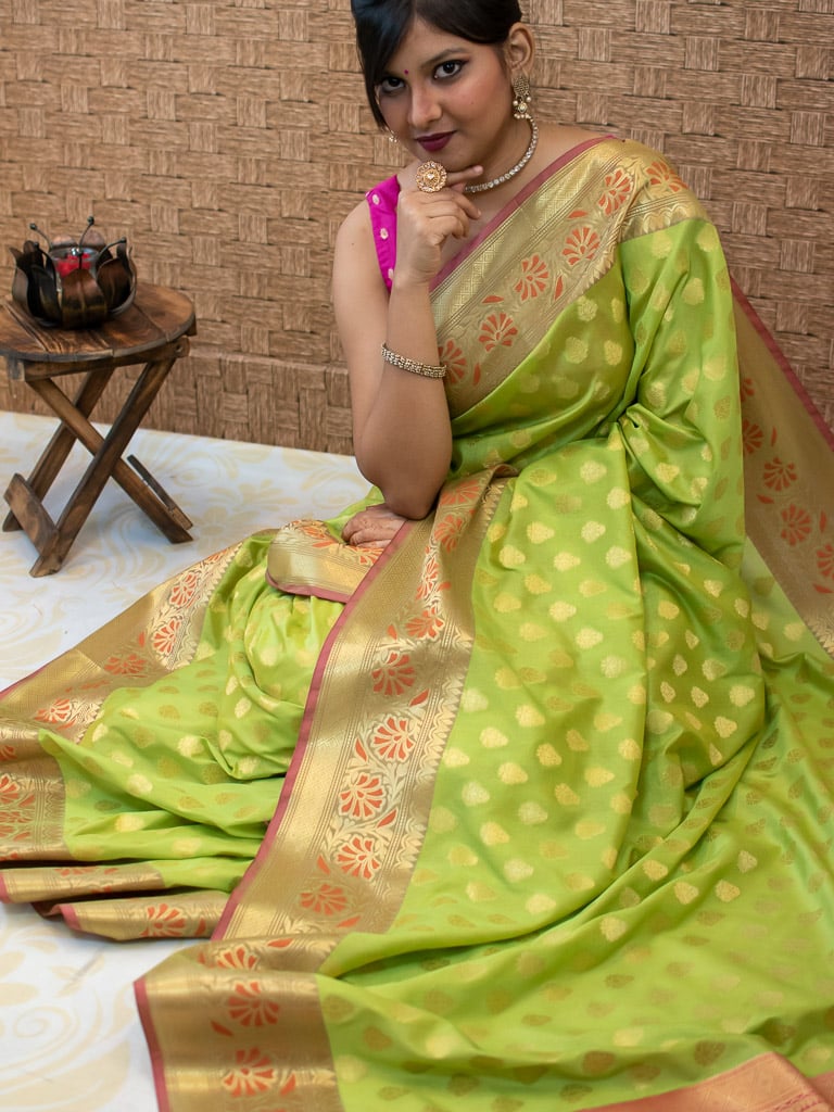 Banarasi Semi Silk Saree With Contrast Zari Buti Weaving Border-Green