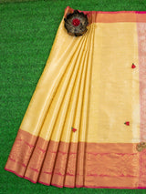 Banarasi Kora Muslin Saree With Tanchoi Weaving & Contrast Skirt Border-Yellow & Pink