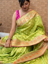 Banarasi Semi Silk Saree With Contrast Zari Buti Weaving Border-Green