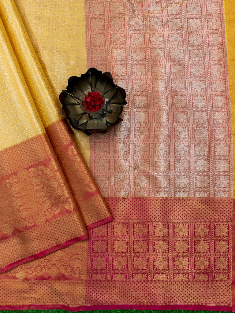 Banarasi Kora Muslin Saree With Tanchoi Weaving & Contrast Skirt Border-Yellow & Pink