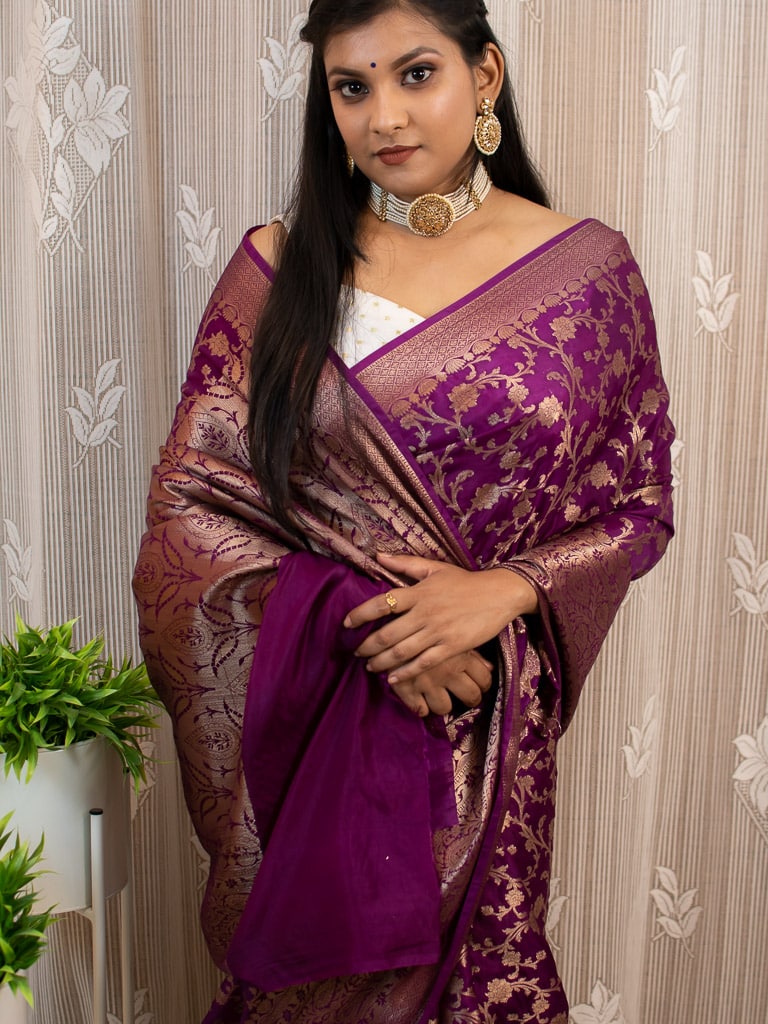 Banarasi Semi Silk Saree Antique Zari Jaal Weaving Saree-Deep Purple
