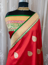 Banarasi Pure Katan Silk Saree With Contrast Border & Blouse-Red