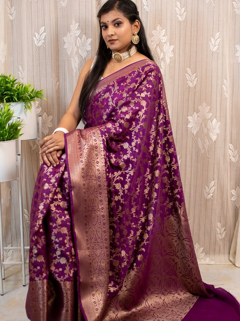 Banarasi Semi Silk Saree Antique Zari Jaal Weaving Saree-Deep Purple