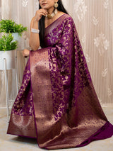 Banarasi Semi Silk Saree Antique Zari Jaal Weaving Saree-Deep Purple