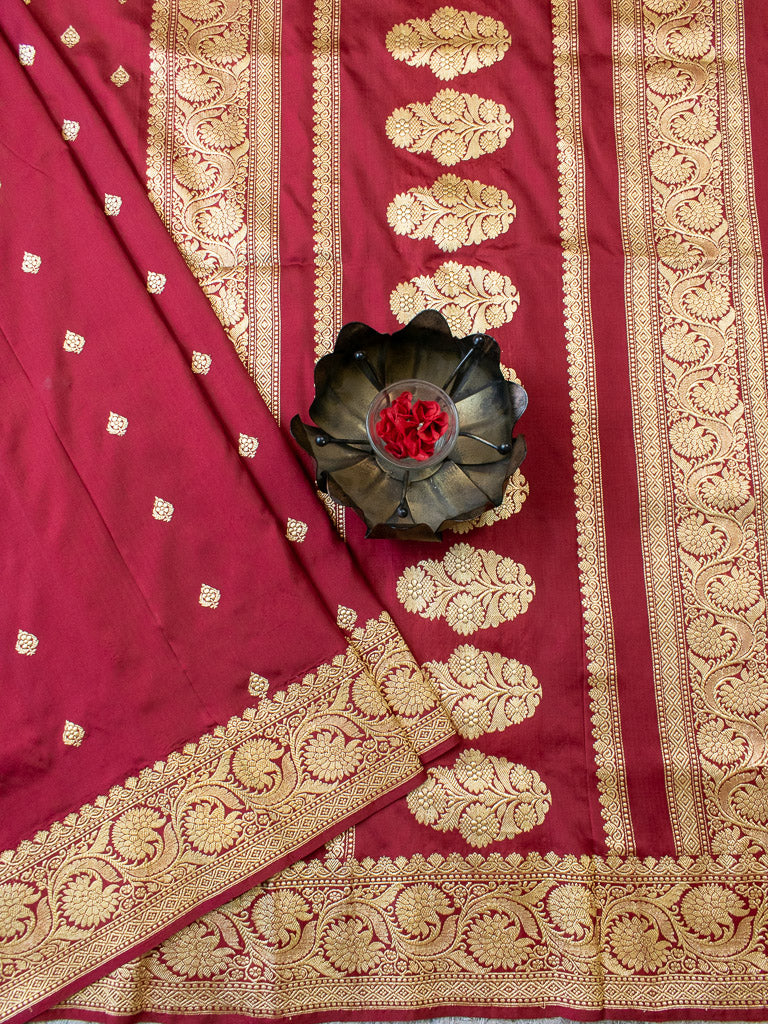 Banarasi Pure Katan Silk Saree With Zari Buti Weaving & Border-Maroon
