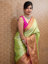 Banarasi Kora Muslin Saree With Tanchoi Weaving Contrast  Border-Parrot Green