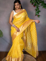 Banarasi Chanderi Cotton Zari Polka Dots Weaving-Yellow
