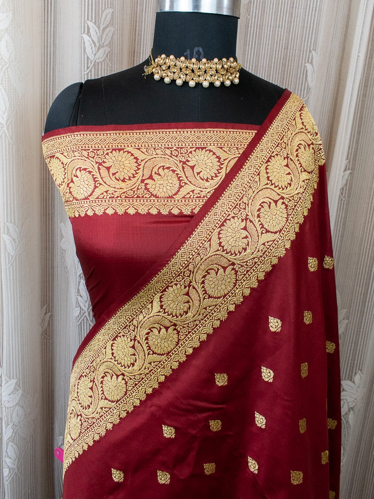 Banarasi Pure Katan Silk Saree With Zari Buti Weaving & Border-Maroon