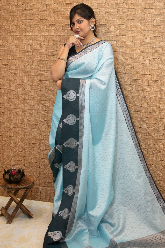 Banarasi Kora Muslin Saree With Tanchoi Weaving & Contrast  Border-Blue & Black