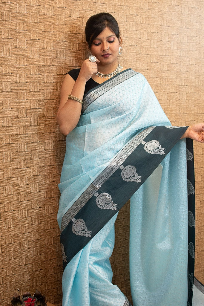 Banarasi Kora Muslin Saree With Tanchoi Weaving & Contrast  Border-Blue & Black