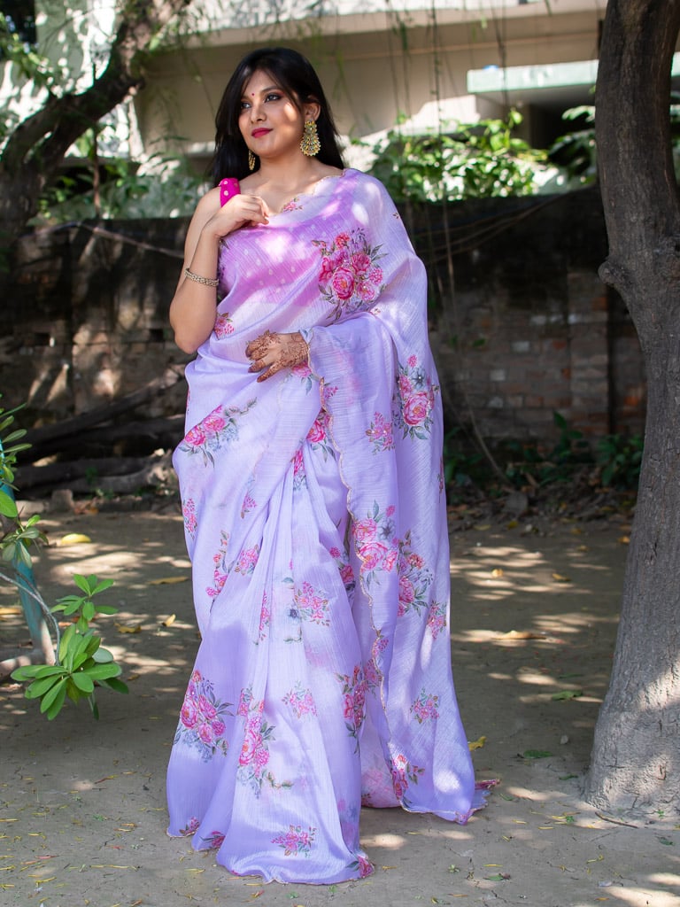 Floral Printed Organza Mix Saree-Mauve