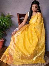 Banarasi Chanderi Cotton Zari Polka Dots Weaving-Yellow