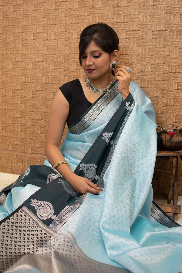 Banarasi Kora Muslin Saree With Tanchoi Weaving & Contrast  Border-Blue & Black