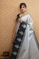 Banarasi Kora Muslin Saree With Tanchoi Weaving & Contrast  Border-Grey & Black