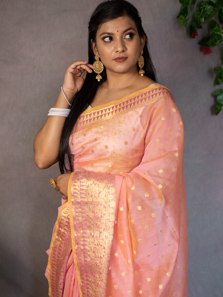 Banarasi Chanderi Cotton Zari Polka Dots Weaving - Peach