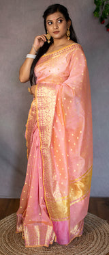 Banarasi Chanderi Cotton Zari Polka Dots Weaving - Peach