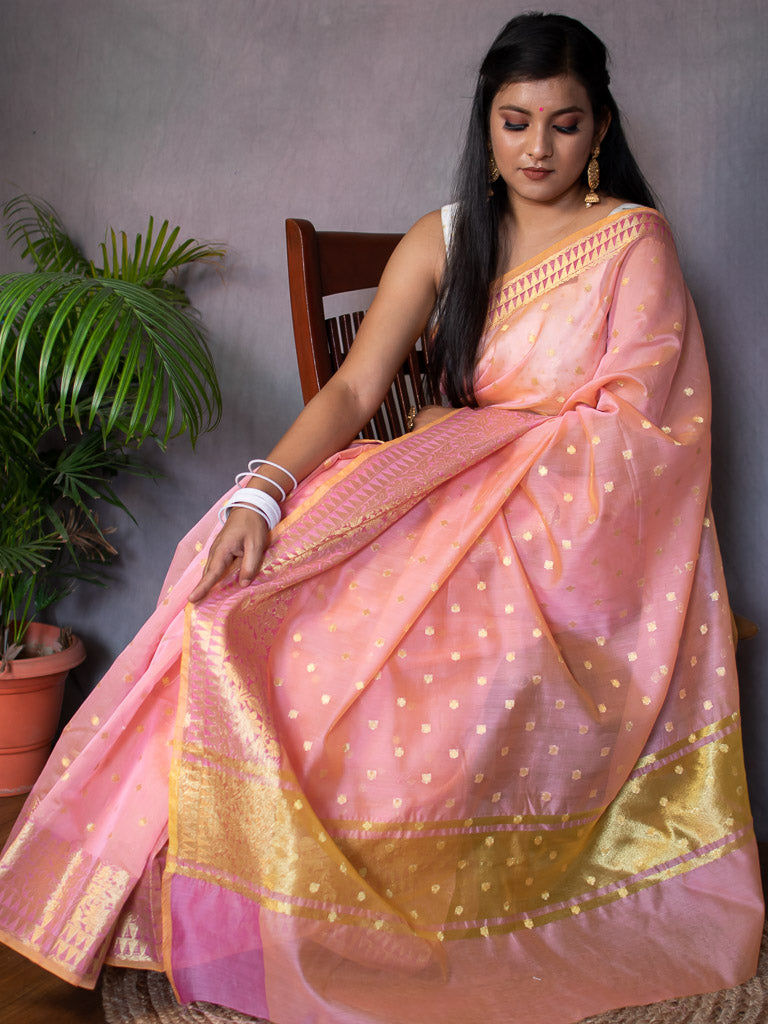 Banarasi Chanderi Cotton Zari Polka Dots Weaving - Peach