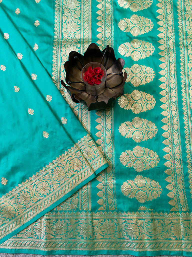 Banarasi Pure Katan Silk Saree With Zari Buti Weaving & Border-Aqua Blue