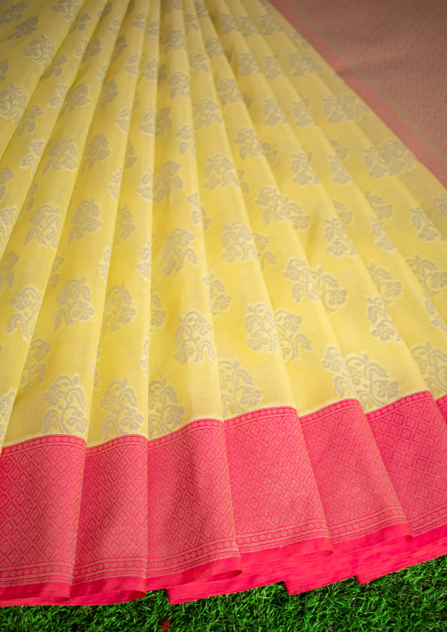 Banarasi Organza Saree With Silver Zari Weaving-Lemon Yellow