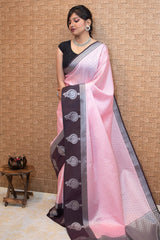 Banarasi Kora Muslin Saree With Tanchoi Weaving & Contrast  Border-Pink & Black