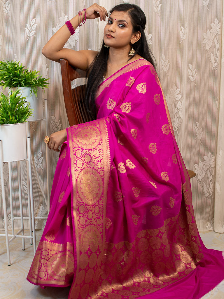 Banarasi Semi Chiffon Saree Antique Zari Buti Weaving Saree-Deep Pink