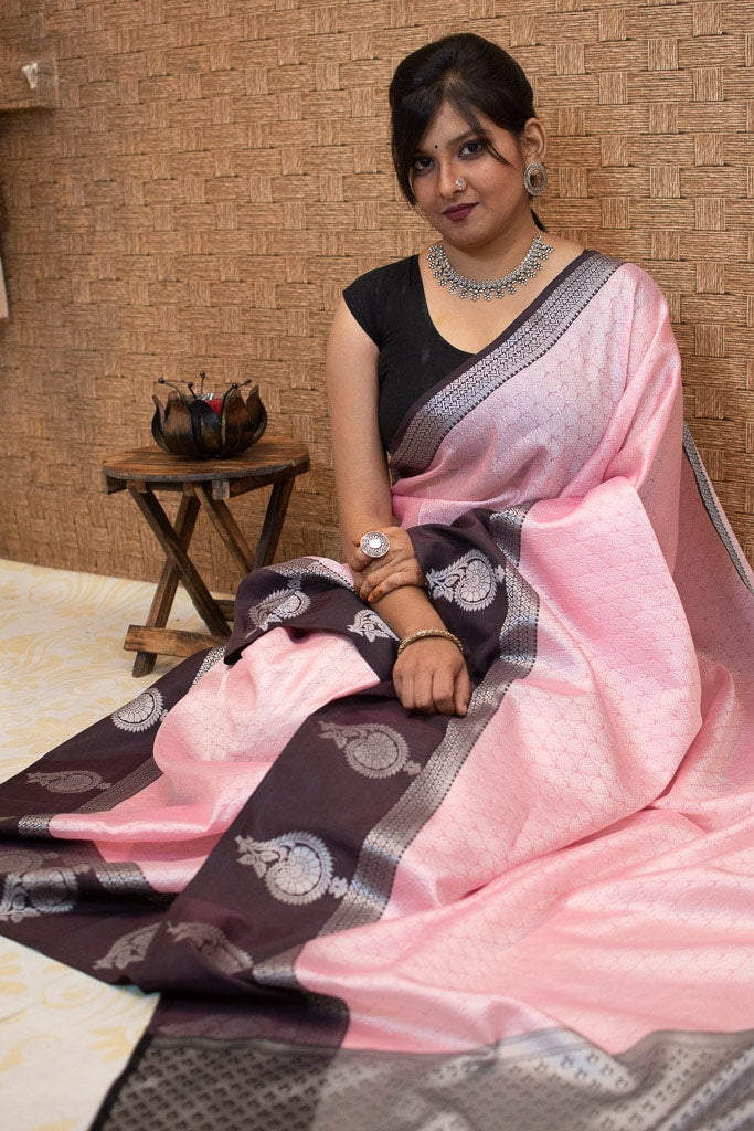 Banarasi Kora Muslin Saree With Tanchoi Weaving & Contrast  Border-Pink & Black